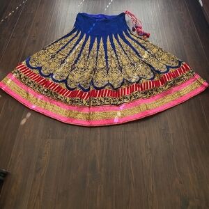 Blue and Gold Embroidered Flared Skirt with Pink Trim